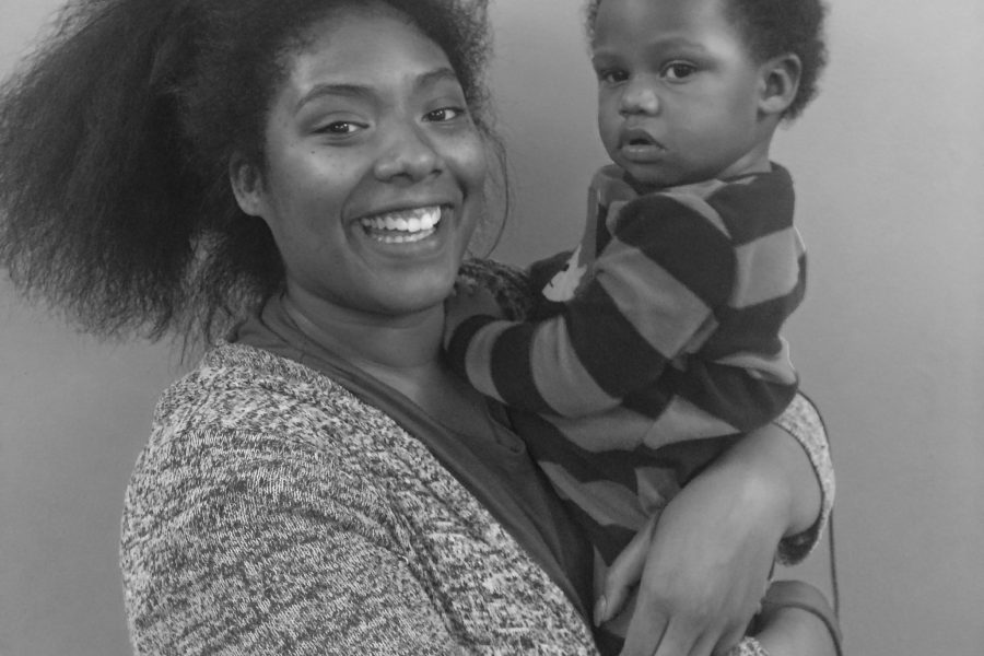 Alex black & white photo with her son